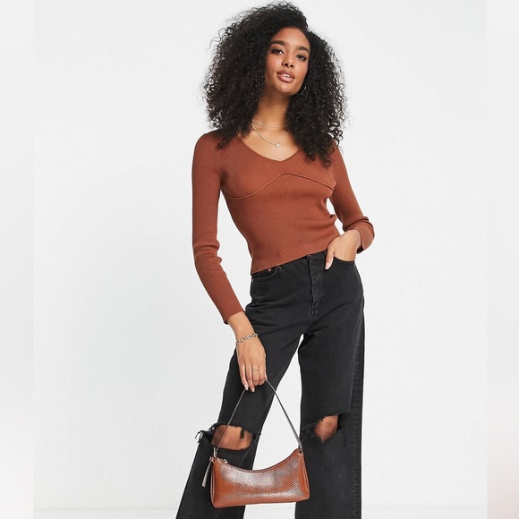 ASOS DESIGN ribbed knitted top with corset detail in brown - Picture 3 of 4